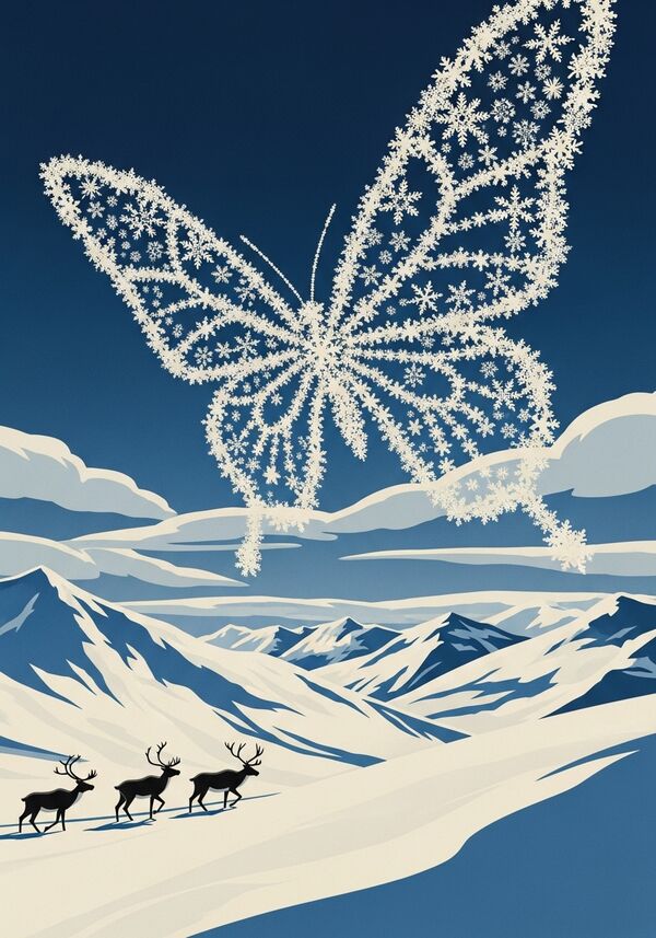 Eine verschneite Berglandschaft mit Rentieren und einem Schmetterling aus Schneeflocken