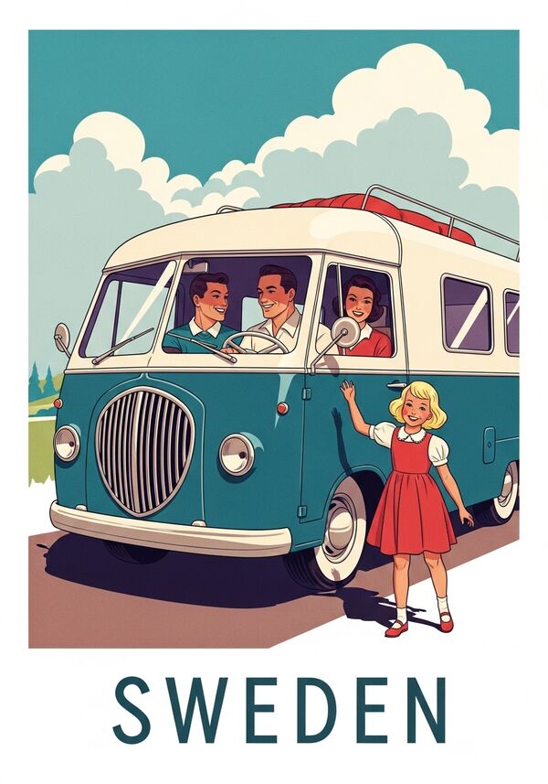 Familie, Vater brunette, Mutter brunette und Tochter blond, verbringen Ferien in Schweden in einem Wohnmobil und haben dabei eine unvergessliche Zeit.