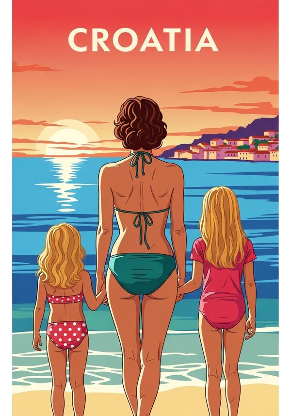 Wunderschöne Mutter im Bikini mit braun gelocktem Haar und knackigem Hintern und ihre zwei Mädchen 10 und 12 Jahre alt, mit blondem Haar am Strand. Im Hintergrund das Meer von Kroatien, bei Sonnenuntergang