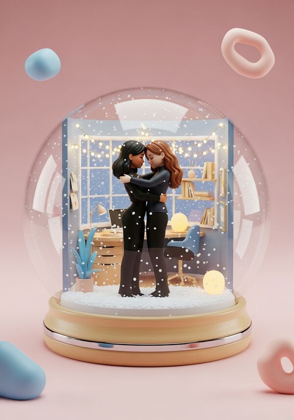 zwei mädchen, eine 22 eine 24. Die 22 jährige mit mittellange schwarze wellige haare und einen tan und die 24 jährige lange braune wellige haare mit heller haut. Beide tragen dunkle moderne elegante kleidung. Beide umarmen sich. Beide sind im Büro. es schneit draussen und die lichterketten leuchten. 