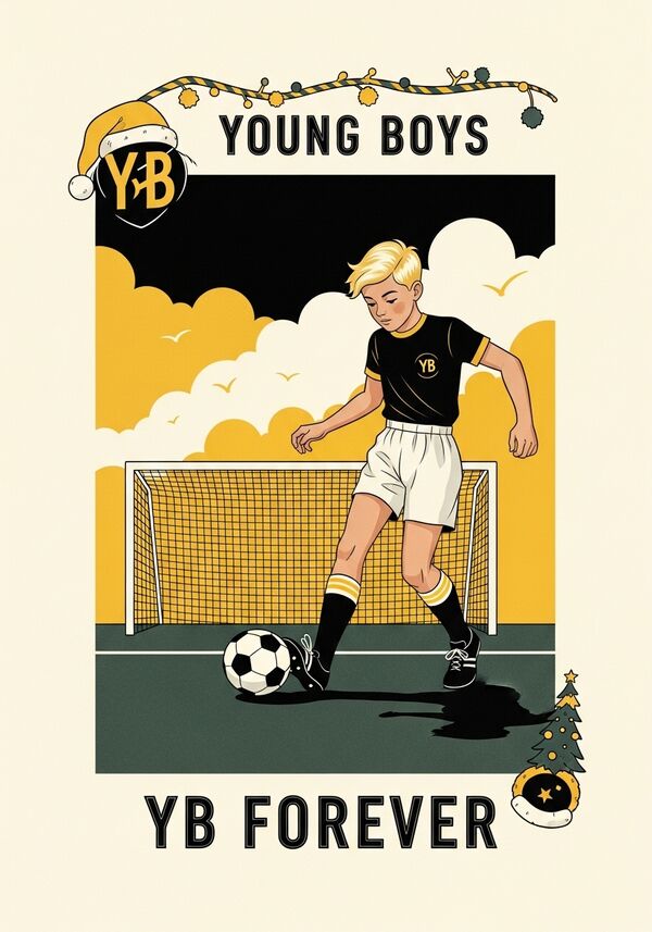 Blonder Junge am Soccer/Fussball spielen. kurze Hosen, Tshirt. Vor einem Goal. Im Stil schwarz,gelb mit YoungBoys, YB, YB FOREVER. aber weihnächtlich