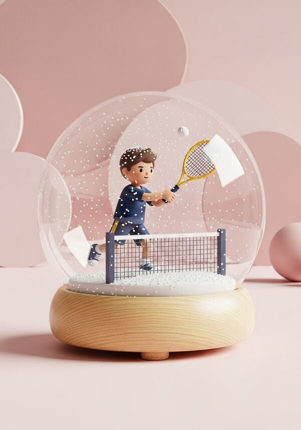 Ein Junge, mit braunen Augen und einem dunkelblauen Outfit, der Tennis spielt und gerade dabei ist, den Ball am Netz zu schlagen.