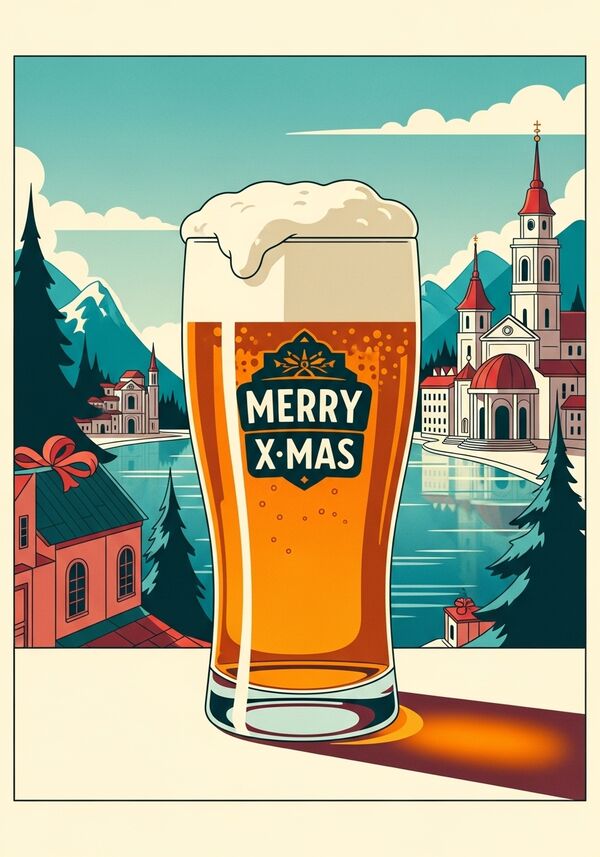 Bitte erstelle mir ein weihnachtliches Bild mit einem Bier in einem Glas. Bitte anstelle eines Logos auf dem Bierglas das Wort merry x-mas schreiben.
