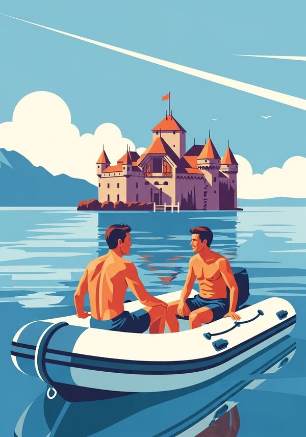 Vater und erwachsener Sohn (30 Jahre alt) in Badehose auf einem kleinen weiss/blauen Gummiboot auf dem Genfersee vor dem Schloss Chillon. 