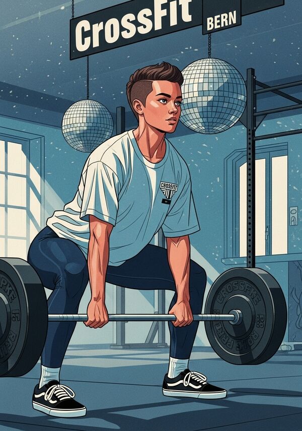 Eine junge Frau mit Buzz-Cut dunkelbraune haare trainiert im CrossFit Bern und hebt schwere Gewichte. Sie Ist sehr muskulös. Hat dunkelblaue Tights an und ein Oversized T-shirt und trägt schwarz weisse Vans schuhe. 
Im Hintergrund sind Discokugeln zu sehen. 