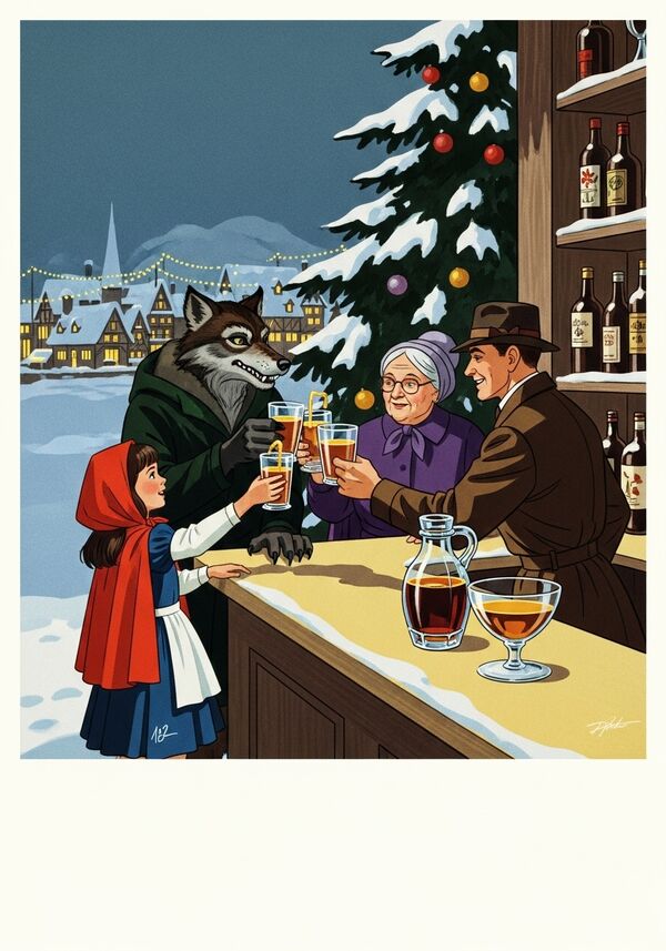 Das junge Rotkäppchen (es ist 12 Jahre alt), der böse Wolf, die Grossmutter und der Jäger stehen neben einem Weihnachtsbaum draussen. Viel Schnee. Sie prosten sich mit Sirup zu. Die grosse Brille der Grossmutter liegt auf der Bar. Im Hintergrund ist ein Dorf mit blinkenden Lichter zu sehen. Ein Weihanchtsbaum steht rechts der Bar.
