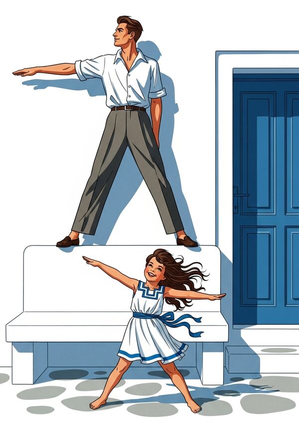 Eine weisse Hauswand mit einer Weissen Betonbank direkt an der Hauswand und auf der rechten Seite eine Blaue Tür die nach Innen versetzt ist im griechischen Ambiente. Auf dem Bank steht ein grosser Mann mit braunen Haaren breitbeinig da und streckt den linken Arm aus und sieht darüber in die Ferne. Am Boden direkt unter Ihm steht ein fröhliches kleines Mädchen in breitbeinig da streckt beide Arme seitlich aus, Sie hat lange, dunkelbraune Haare die vom Wind zerzaust werden und ist Barfuss. Sie trägt ein weisses Kleid mit Blauen Bändel im griechischen style