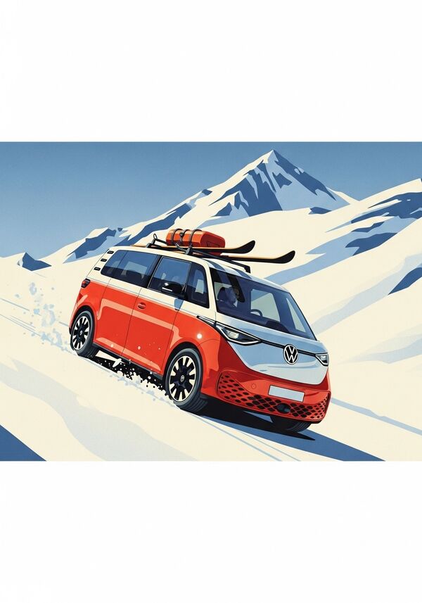 Volkswagen id.Buzz GTX der die Skipiste im Schnee hochfährt