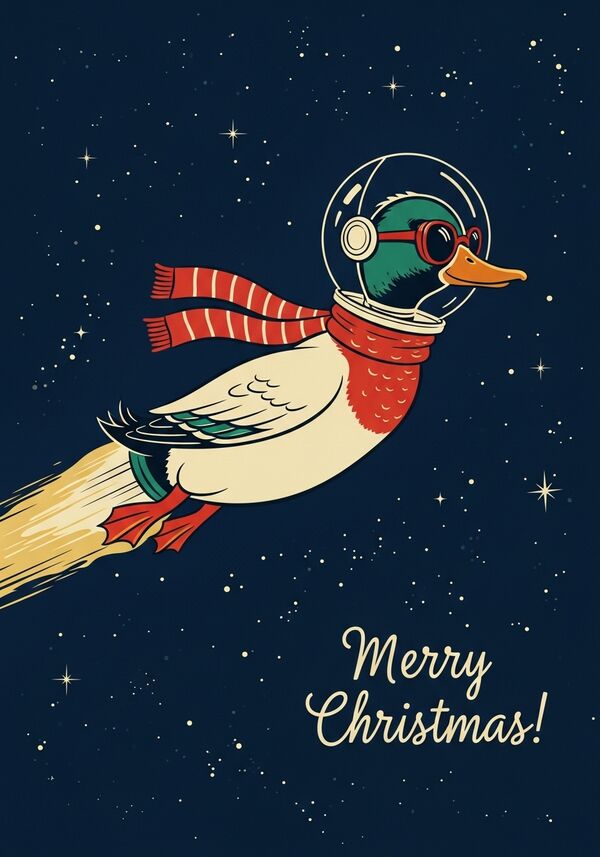 eine coole Ente im Weltall. Sie fliegt. hintergrund dunkelblau, sterne, glitzer. in schöner Lettringschrift: Merry Christmas!