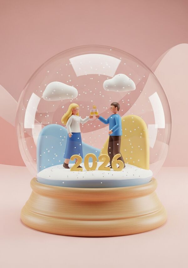 Eine Frau mit langen blonden Haaren und ein Mann mit sehr kurzen braunen Haaren stossen gemeinsam auf das Jahr 2026 an.