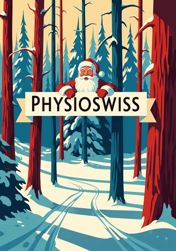 mach eine winter/weihnachtskulisse im wald mit samichlaus & oben steht Physioswiss - es soll keine leute im bild haben