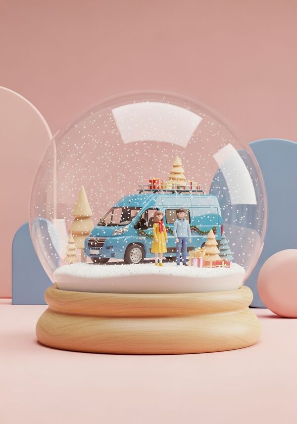 Ein blauer Van (Zitroen Jumper). Eine junge Frau und einem junger Mann sind vor dem Auto. Das Auto ist weihnachtlich geschmückt. 
