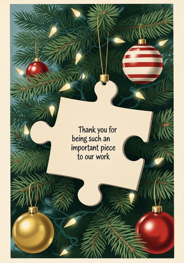 Einziger Bildinhalt ist ein grosses Puzzle-Teil, das wie eine Weihnachtskugel an einen Weihnachtsbaum gehängt ist. Auf dem Puzzle steht folgender Text: "thank you for being such an important piece to our work"

Nichts anderes ist auf dem Bild.