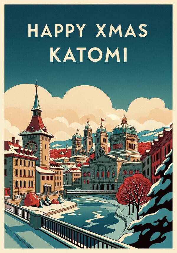 mach ein cooles weihnachtsbild mit der stadt bern  (es soll happy xmas katomi stehen)