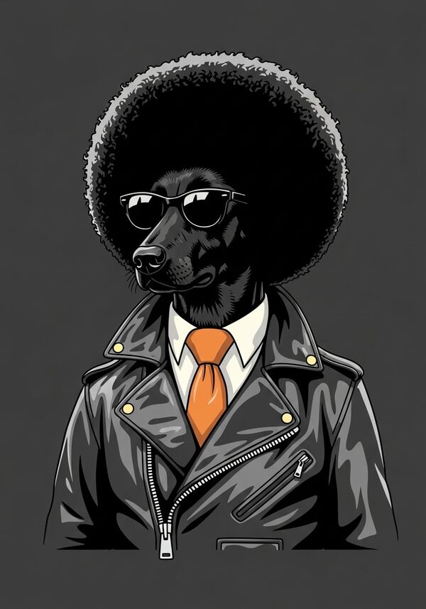 Stylish black bolonka dog with Afro hair in a leather jacket against a dark gray background, blending fashion and humor