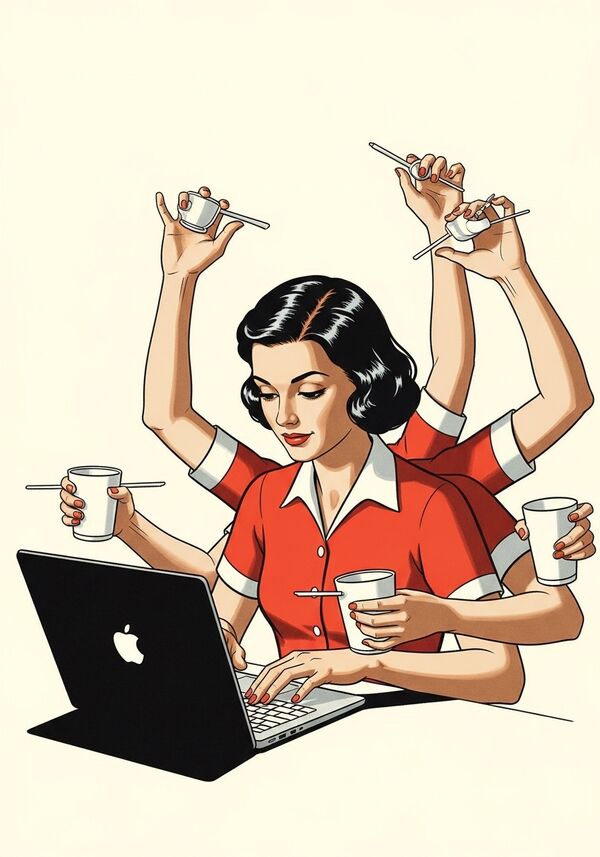 Eine junge Frau mit fünf Händen arbeitet fleissig an Ihrem Macbook.