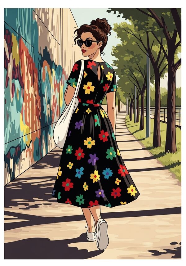 A woman walking with half-open dark brown, curly, shoulder-length hair, half of which is tied up in a bun on her head. She is wearing dark sunglasses and looking back over her right shoulder. She is wearing a black, knee-length dress with red, yellow, green, blue and purple flowers. A white cloth bag hangs over her left shoulder and she is wearing white trainers. She is walking along a path lined with graffiti on the left and trees on the right.

Translated with DeepL.com (free version)