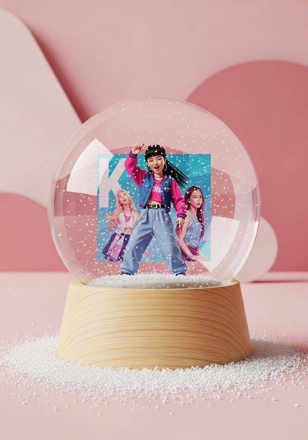 in der mitte der Kugel soll ein tanzendes mädchen sein im hip-hop style, welches freude verbreitet und mit k-pop hintergrund zu sehen ist und im Aminde Style gemacht ist. das gesicht sollte asiatisch sein und klar zu erkennen

