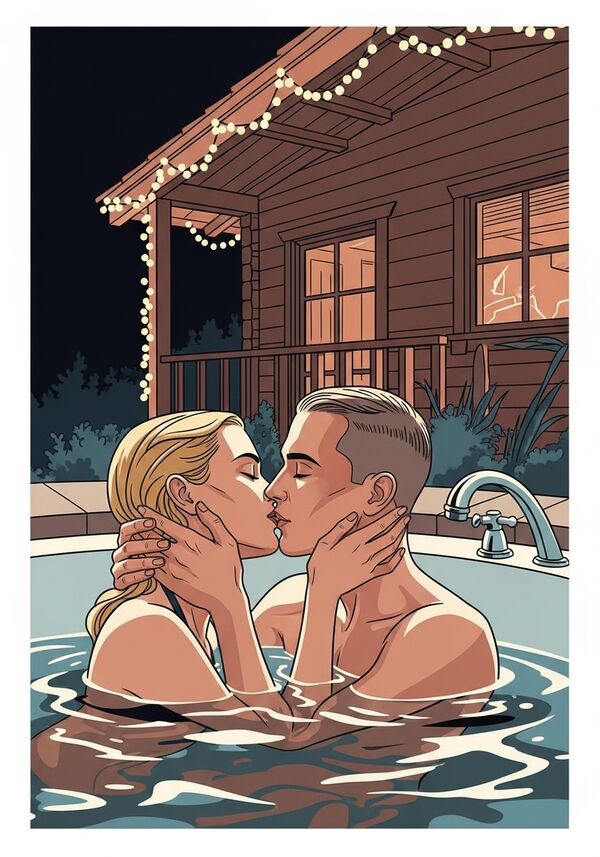In einem Jacuzzi küsst ein schlanker hübscher Mann mit ganz kurzen hellbraunen Haaren seine Frau mit blonden Haaren. Im Hintergrund ist eine Holzhütte mit einer schönen Lichterkette zu sehen.