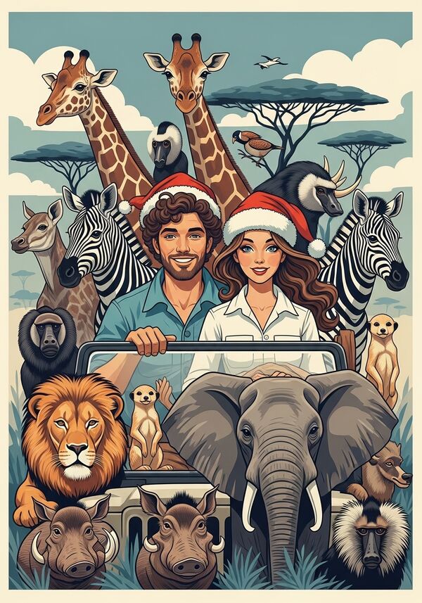 Es herrscht Weihnachtsstimmung. Ein Junges Paar, er mit braunen Locken und leichtem braunem Bart, sie mit langen gewellten braunen Haaren. Um Sie herum Giraffen, Zebra, Löwen, Erdmännchen, Warzenschweine, Elefanten, Flusspferde, Paviane sind in einem Safari-Jeep unterwegs. 
