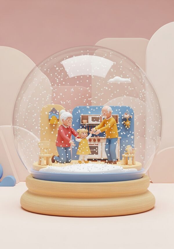 Oma und Opa spielen mit Enkelin und haben eine tolle Zeit in einem Kinderzimmer mit Spielküche