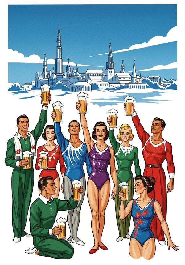 Eine Gruppe Turner und Turnerinnen mit Bier in der Hand, mach es weihnachtlich
