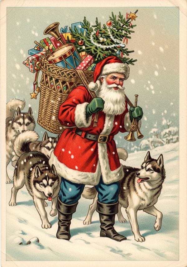 Weihnachtsmann der mit Huskys unterwegs ist und Geschenke verteilt
