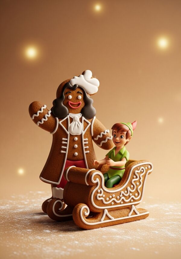 Captain Hook als Lebkuchenmann. Hook grüsst Peter Pan, der in einem Lebkuchenschlitten sitzt. 
