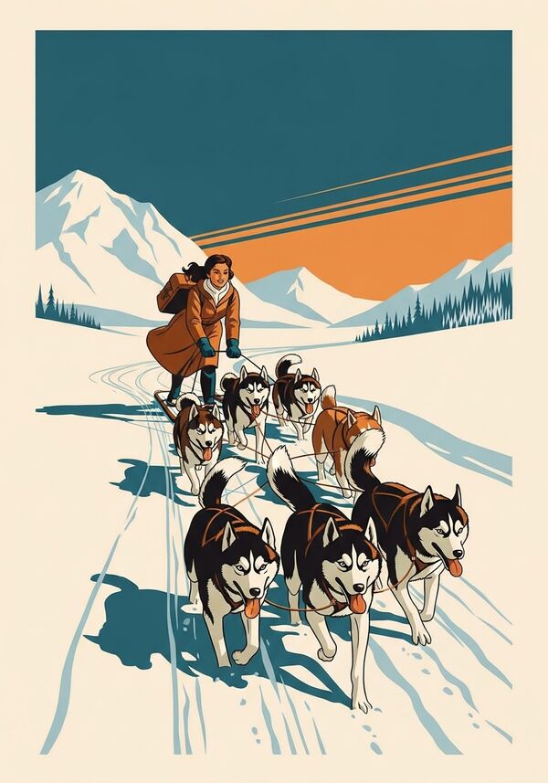 eine Braunhaarige junge frau mit 8 Huskys

