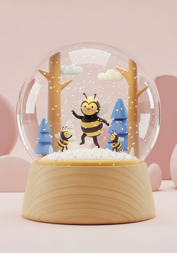 Eine Mutter-Hummel tanzt mit ihren zwei kleinen Hummel-Kindern im Wald.