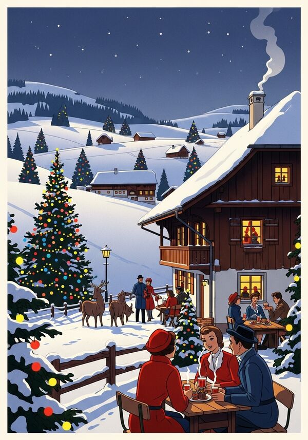 Altes Bauernhaus im Emmental mit Weihnachtsbäumen bunten Lichtern und Schnee  voller Zauber mit Tieren und Menschen die draussen Glühwein trinken
