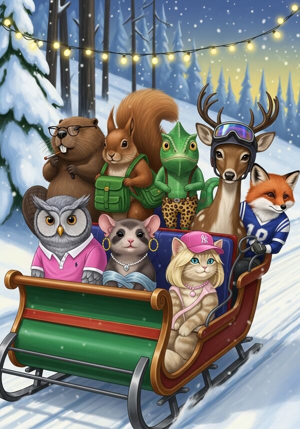 There are exactly eight animals sitting on the sleigh, with no other animals in the picture, always seated in two, except the front row where there are three animals:

1. A beaver with a big belly, glasses and a cigarette in his hand.

2. A squirrel with long brown hair and a green rucksack.

3. A chameleon wearing leopard-print trousers.

4. A wise owl with grey hair and a pink polo shirt.

5. A female dormouse with large earrings and a necklace.

6. A cute deer wearing a ski helmet and ski goggles.

7. A blonde cat wearing a pink tennis cap.

8. A small fox wearing a football jersey.

They are sitting in a colourful sleigh travelling down a snow-covered forest slope, surrounded by many lights in the trees. The scene is cheerful, festive and rich in detail, with a wintery atmosphere, dynamic movement and clear composition. Each character has ONLY the specific objects and characteristics mentioned; otherwise, they are completely normal animals.
