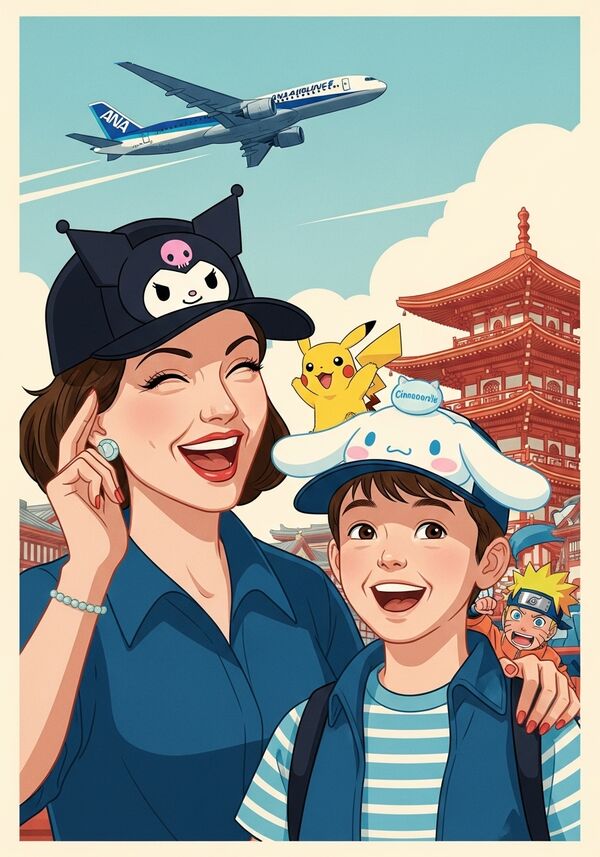 Eine Mutter und ihr 12jähriger Sohn sind in Japan in Asakusa. Sie tragen passende Mützen mit Kuromi und Cinnamoroll. ein Flugzeug der ANA Airline fliegt vorbei. Pikachu und Naruto verstecken sich im Bild. Sie sind beide sehr glücklich.