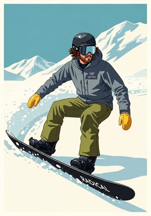 Ein Mann in den Bergen im Teifschne am Snowboarden er hat braune locken und so einen kurzen braunen bart unter dem helm schwarzer helm schwarze skibrille graue arcteryx jacke gelbe handschuhe olivgrüne skihosen und ein schwarzes brett mit schwarzer bindung und auf seinem schwarzem snowboard steht auf der unterseite radical steht in weisser schrift