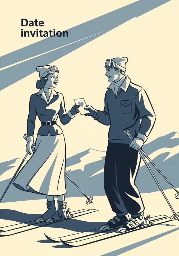Eine Frau und ein Mann auf der skipiste
Oben links in der Ecke steht "Date invitation"
Sie händigt Ihm einen Zettel mit einem herzen darauf
