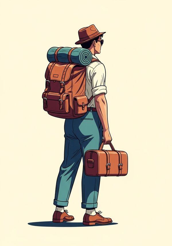 Ein stylischer, junger mann mit einem prall gefüllten Rucksack begibt sich auf neue Wege