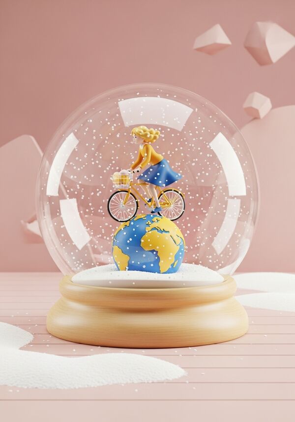 Eine junge Frau mit Blonden, lockigen Haaren im Studio Ghilbi Style fährt auf einem Fahrrad über einen globus